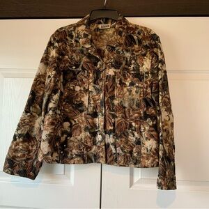 Chico’s vintage denim jacket w/brown tones, gold metallic thread, beading Sz 12